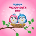 Birds in love sit in a nest on a tree branch. Pink background with hearts. Royalty Free Stock Photo